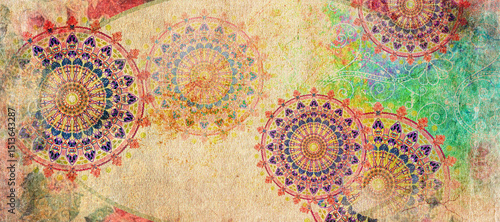 mandala colorful dark eyes vintage art, ancient Indian vedic background design, old painting texture with multiple mathematical shapes	