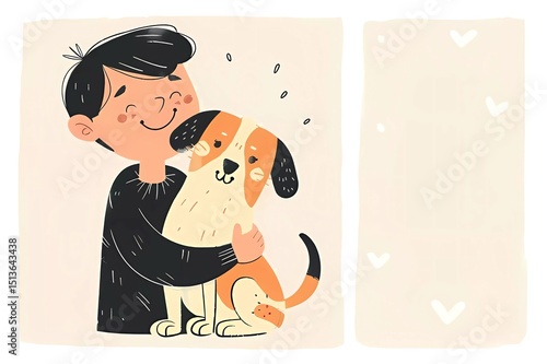 Man with a dog. The owner hugs his pet. Friendship, love for animals. Stylized cartoon illustration
