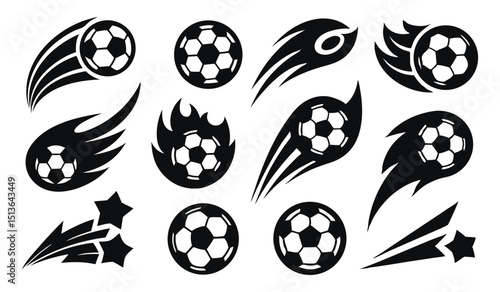 Sports Action Icon Collection, Soccer Balls with Flames & Speed Effects
