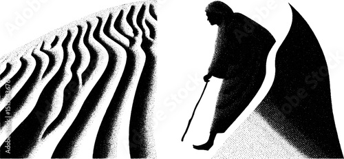 Engraved desert mirage and lone traveler walking in sand dunes illustration set