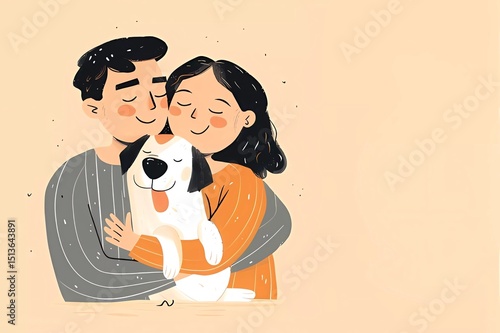 Couple with a dog. Man and woman hugging their pet. Boy and girl. Friendship, love for animals. Stylized cartoon illustration