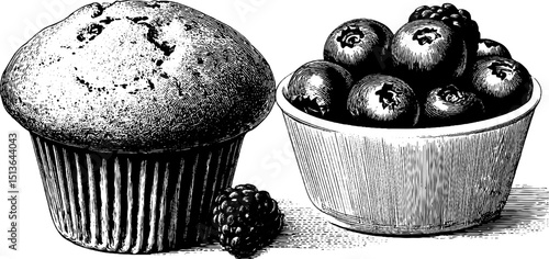 Engraved illustration of muffin and blueberry bowl for culinary art and design
