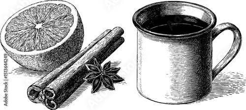 Set of mulled wine mug with spices: engraved illustration for holiday design and beverage art