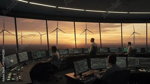 Wind Farm Control Room at Sunset: Sustainable Energy Management