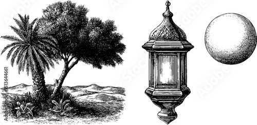 Mystic oasis with palm trees intricate lamp and floating sphere engraved illustration