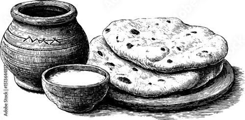 Traditional indian cuisine featuring naan bread and curry in engraved style illustration