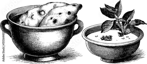 Engraved illustration of naan bread and curry in bowls for culinary design and print