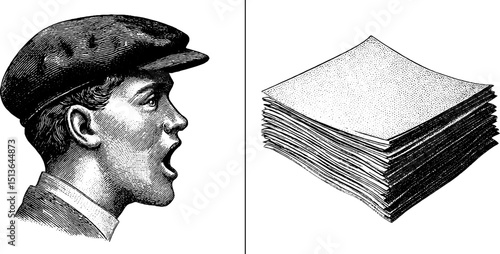 Engraved illustration of newspaper boy shouting with stack of papers