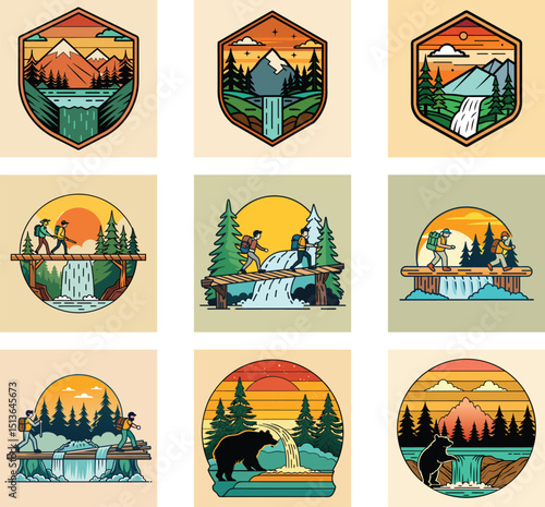 Collection Of Nature Adventure Badges Featuring Hiking Trails And Wildlife Illustrations