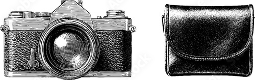 Vintage camera with leather case engraved illustration for retro design