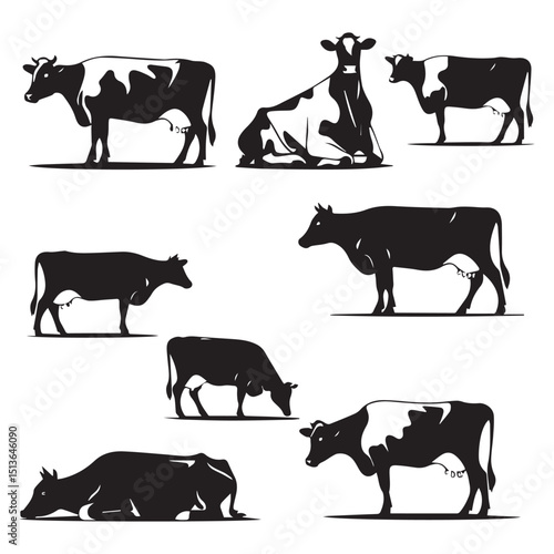 Set of jersey cow silhouettes in various poses. isolated vector on white background
