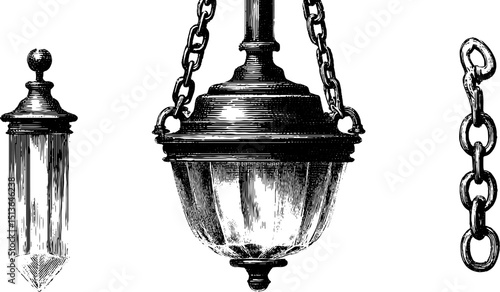 Vintage chandelier design with antique chain and crystal elements for historical decor projects