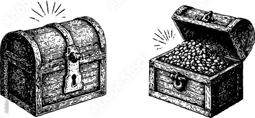 Vintage engraved illustration of treasure chests with iron locks for retro design projects