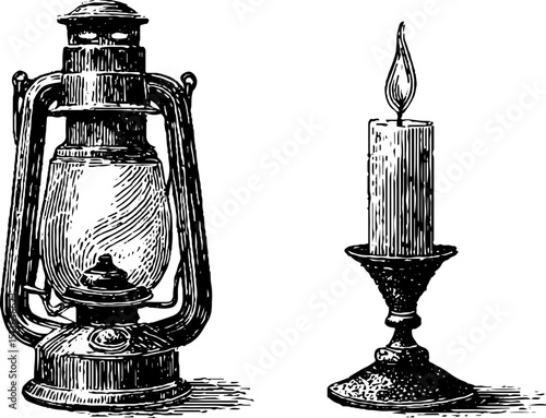 Vintage lantern and candle engraving for historical design concepts