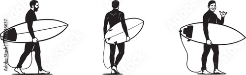 Three surfers with surfboards monochrome design, Black and white surfing group walking