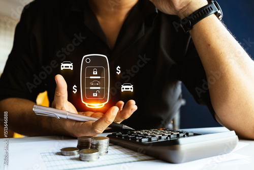 Financial planning for car ownership with calculator and digital car key..