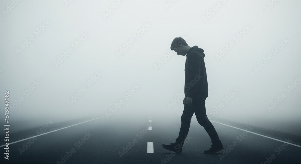 Fototapeta premium Feeling Alone: Person Walking into Dense Mist, Symbolic Scene