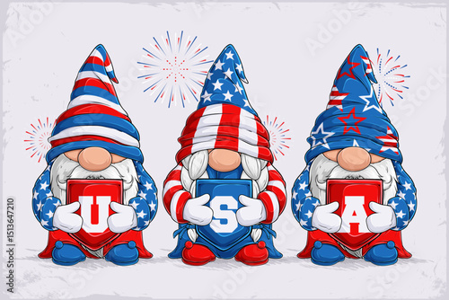 Hand drawn set of cute gnomes in 4th of July disguise, holding USA initials, celebrating independence day, honoring memorial day and veterans day