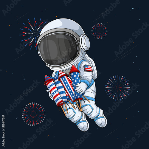 Hand drawn astronaut in space suit, enjoying 4th of July, holding fire crackers, independence day celebration in outer space