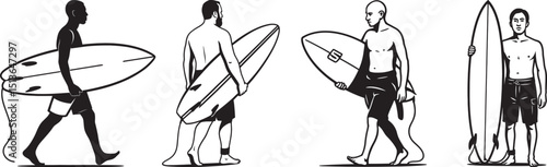 Group of four surfers walking with boards, Surf team walking beachside black silhouette