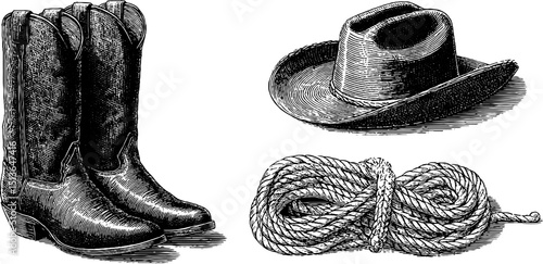 Vintage western elements: engraved boots, cowboy hat, and lasso for rustic design