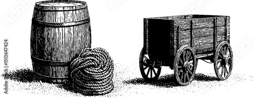 Vintage engraving of antique wooden cart and barrel with rope - historical transport and storage elements