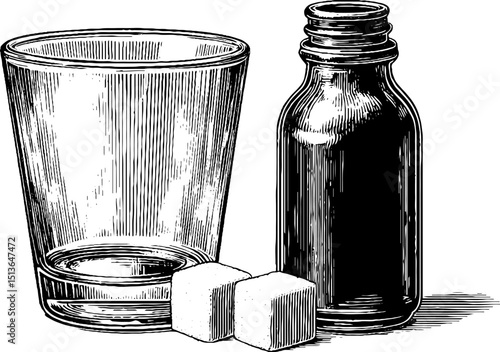Vintage engraving of old fashioned glass set with glass bottle and sugar cubes for drinks design
