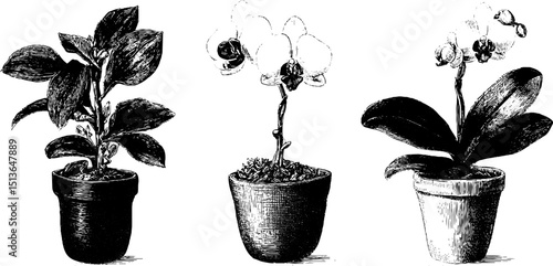 Engraved botanical illustration set featuring orchid flowers in pots for design projects