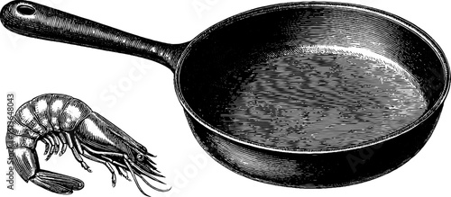 Engraved culinary art featuring paella pan and shrimp for food inspired designs