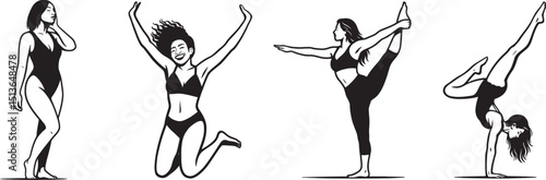 Four women in dynamic poses showcasing strength, Female athletes power and flexibility
