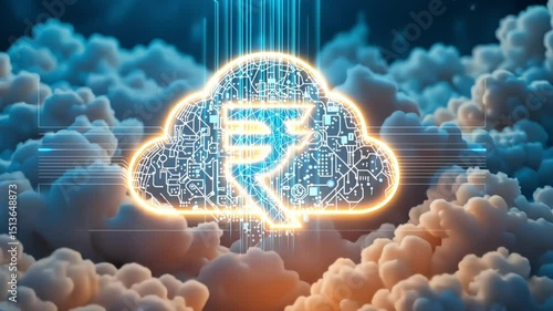 Rupee symbol emerging from digital clouds, representing cloud-based finance and modern digital economy