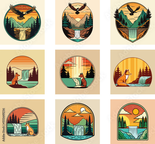 Nature Inspired Badges Featuring Animals Waterfalls And Majestic Landscapes In Retro Style