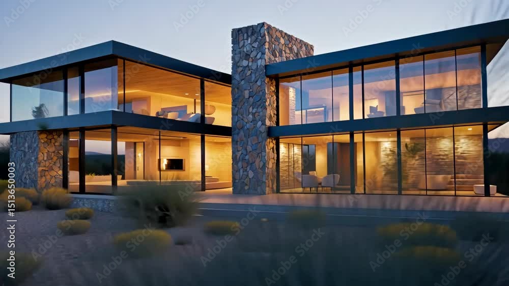 Modern Glass House with Warm Interior Lighting and Desert Landscape at Dusk Modern Glass House with Warm Interior Lighting and Desert Landscape at Dusk
