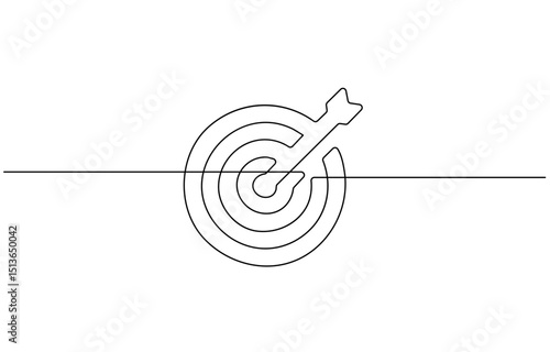 Target with an arrow hitting the center, one continuous line illustration. Continuous line drawing of archery target, The arrow on in target circle is vector linear illustration.