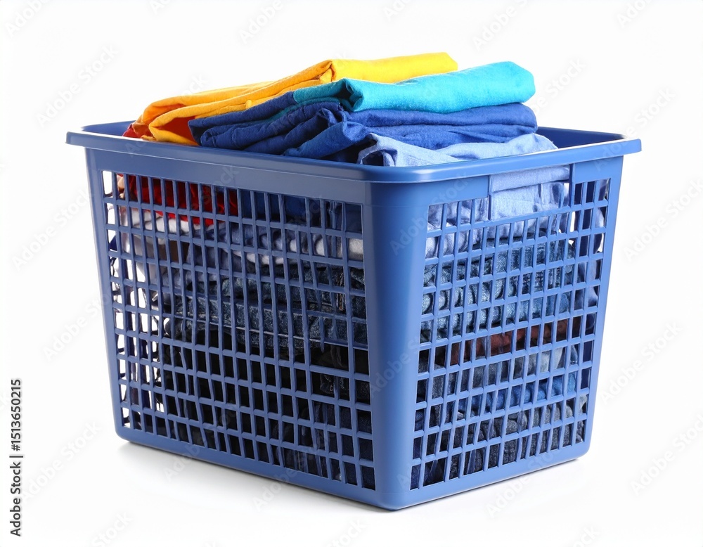 Fototapeta premium Colorful cloths in a blue mesh plastic basket isolated white background