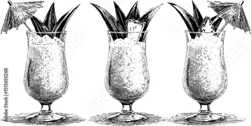 Engraved illustration set of pina colada glasses with pineapple garnish