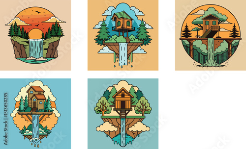 Stylized Nature Illustrations Of Floating Treehouses And Waterfall Landscapes In Cartoon Style