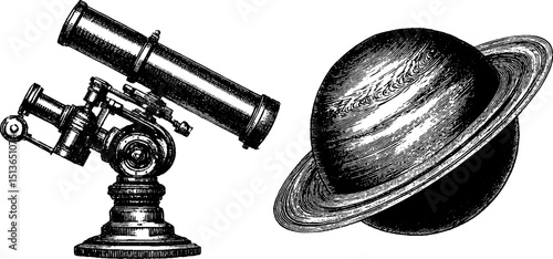 Vintage astronomy illustration with telescope and ringed planet for educational purposes