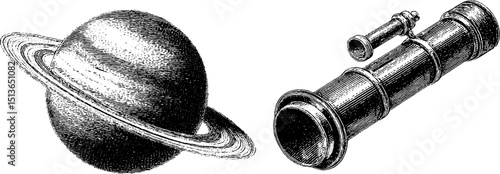 Vintage engraved illustration of planet with rings and telescope