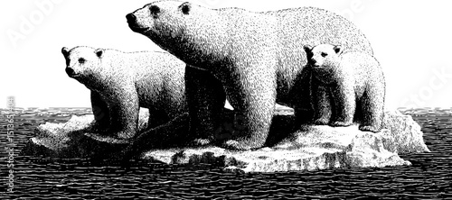 Engraved illustration of polar bears on iceberg in natural habitat