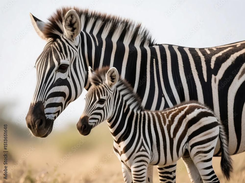Naklejka premium Natural Bond: Small Zebra and Big Dappled Zebra in a Natural Landscape