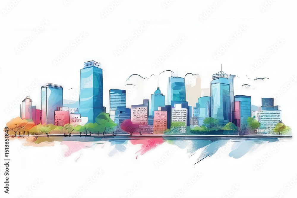 Obraz premium an AI Image Generator, Skyline Illustration of a Vibrant Urban Cityscape by the Water