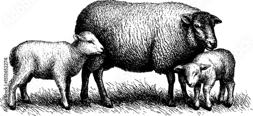 Engraved illustration of ram, ewe, and lamb in pastoral setting