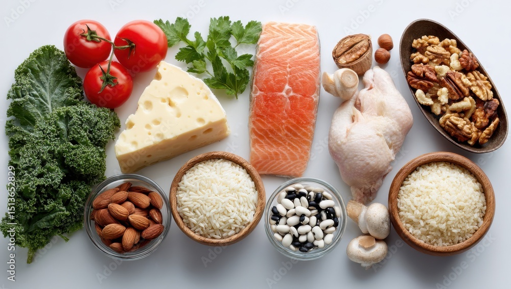Assortment of Healthy Foods on White Background, Showcasing Balanced Diet and Nutritional Wellness for Health Education and Lifestyle Choices : Generative AI Assortment of Healthy Foods on White Background, Showcasing Balanced Diet and Nutritional Wellness for Health Education and Lifestyle Choices : Generative AI