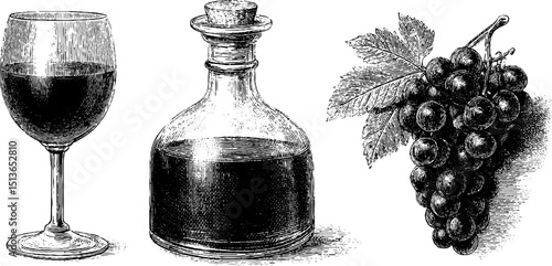 Vintage engraved set of red wine glass, decanter, and grapes for elegant dining design