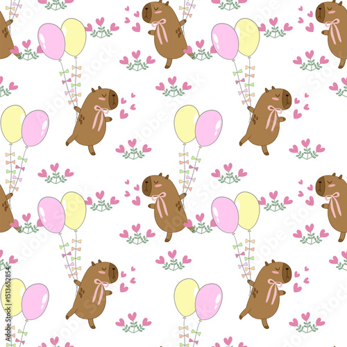 Cute capybara with balloons, white isolate background
