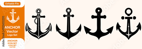 anchor with rope silhouette icon set vector on white background. vector illustration. Anchor symbol logo. Anchor logo
