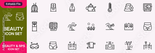 Skin care icon set. Wellness and body spa anti-aging, pore tightening, cosmetology, spa treatments, massage, chronically acid, serum, line icon collection. Cosmetics services and Spa line icons vector