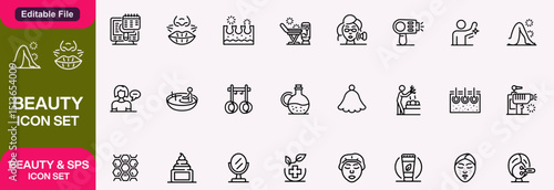 Skin care icon set. Wellness and body spa anti-aging, pore tightening, cosmetology, spa treatments, massage, chronically acid, serum, line icon collection. Cosmetics services and Spa line icons vector