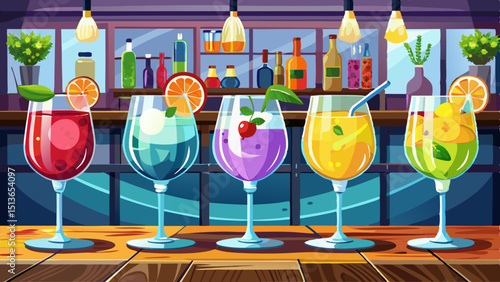 Five colorful gin tonic cocktails in wine glasses on bar counter in pup or restaurant
